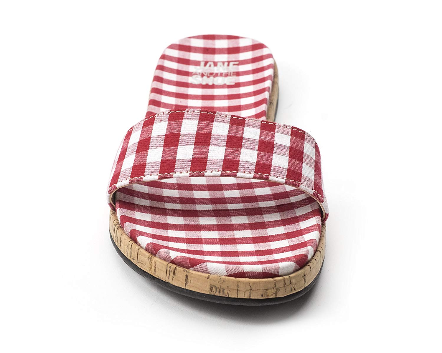 Jane and the Shoe Jill Thin Band Slide Sandal Red Gingham Plaid Flat Mule