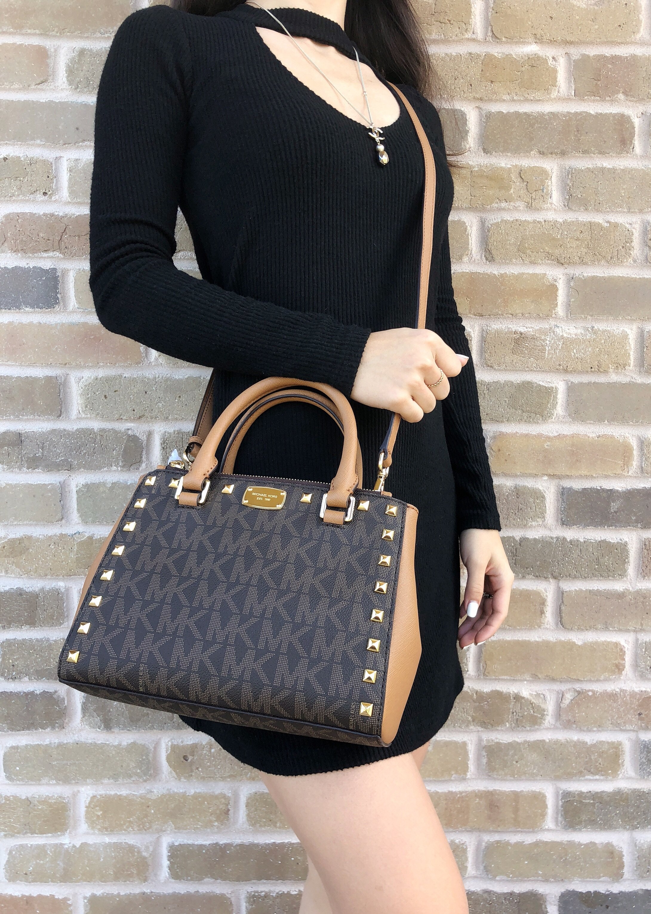 Michael Kors Kellen XS Satchel Brown Acorn Signature MK Studded