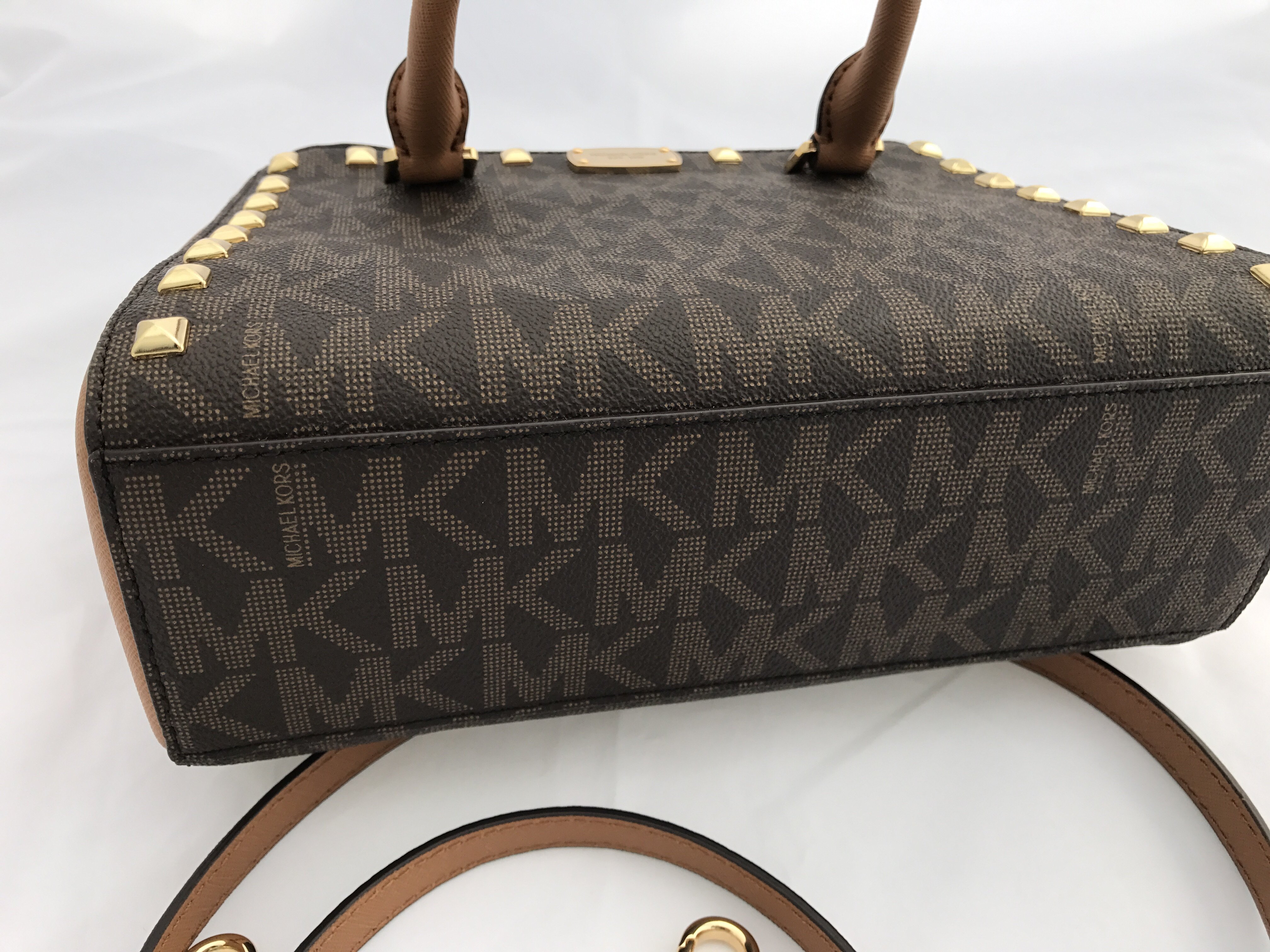 Michael Kors Kellen XS Satchel Brown Acorn Signature MK Studded