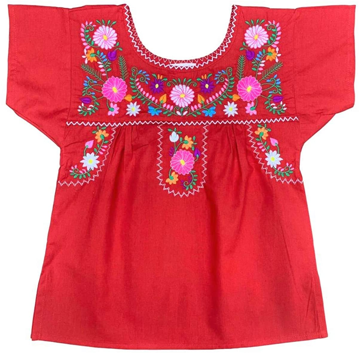 Girl/'s Cotton Lightweight Floral Embroidery Puebloan Mexican Style Blouse Shirt
