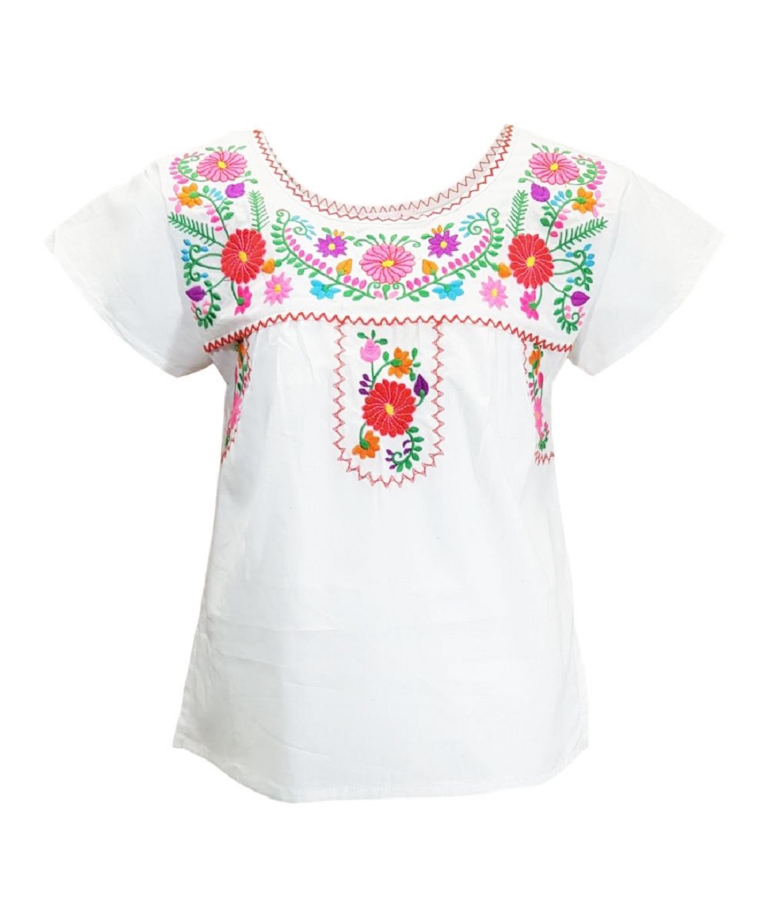 Girl/'s Cotton Lightweight Floral Embroidery Puebloan Mexican Style Blouse Shirt