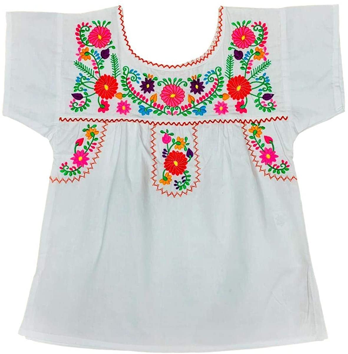 Girl/'s Cotton Lightweight Floral Embroidery Puebloan Mexican Style Blouse Shirt