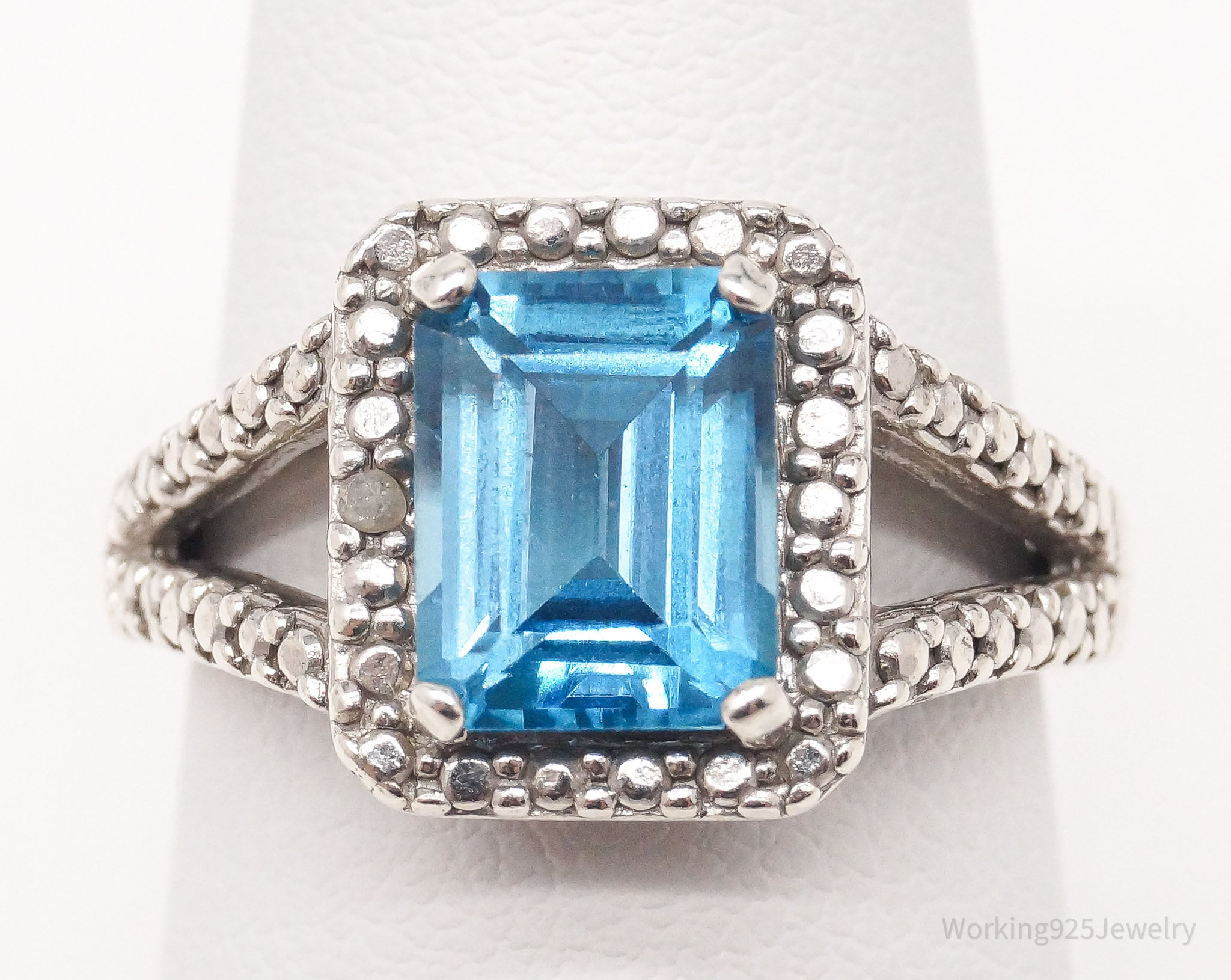 Vintage Blue Topaz Single Diamond Sterling Silver Ring - Size 7 main product image