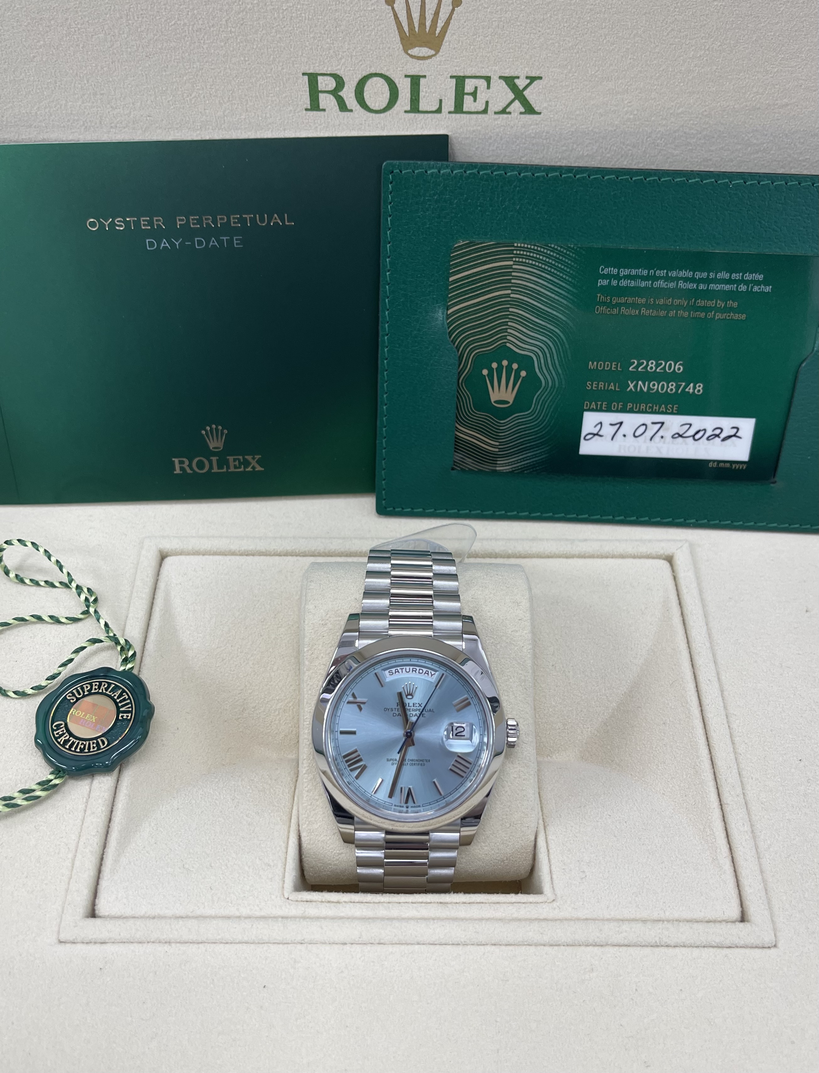 Rolex Day-Date President 40mm Platinum Blue Glacier Quadrant Roman