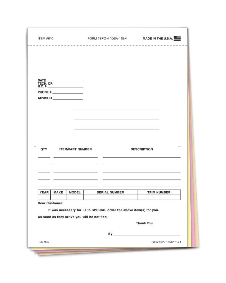 Car Dealer Special Parts Order Forms – 5-2/3″×7-1/2″ 4-Part Carbonless Snap-Out