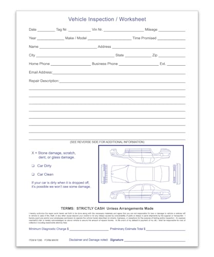 Vehicle Inspection Worksheet – 1 Part Pre-Service Write-Up Form with All Parts