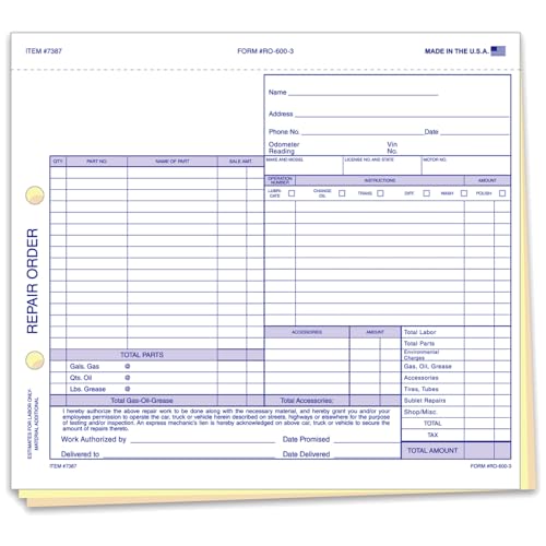 Repair Orders for Automotive Shops – 7.6 × 8.5″ Carbonless 3-Part Snap-Out Forms