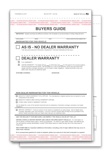 As Is–No Lines Buyers Guide for Car Dealership – 7.33″×11.75″, 2Part, Carbonless