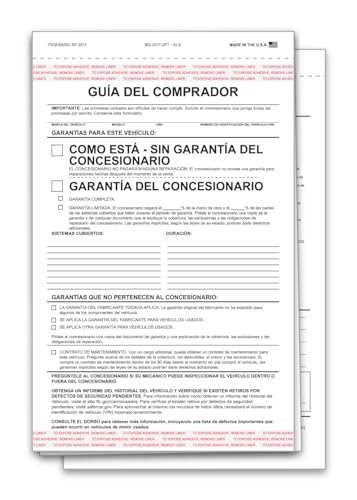 As Is Spanish Buyers Guide for Car Dealerships – 2-Part, Snap-Out, Carbonless