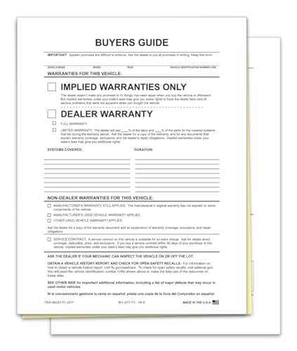 2-Part Carbonless Implied Warranty File Copy Buyers Guide for Car Dealerships
