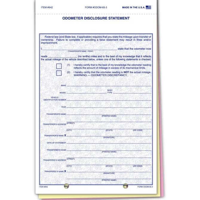 Plain Odometer Disclosure Statements – Blue Screen/No Screen Carbonless Forms