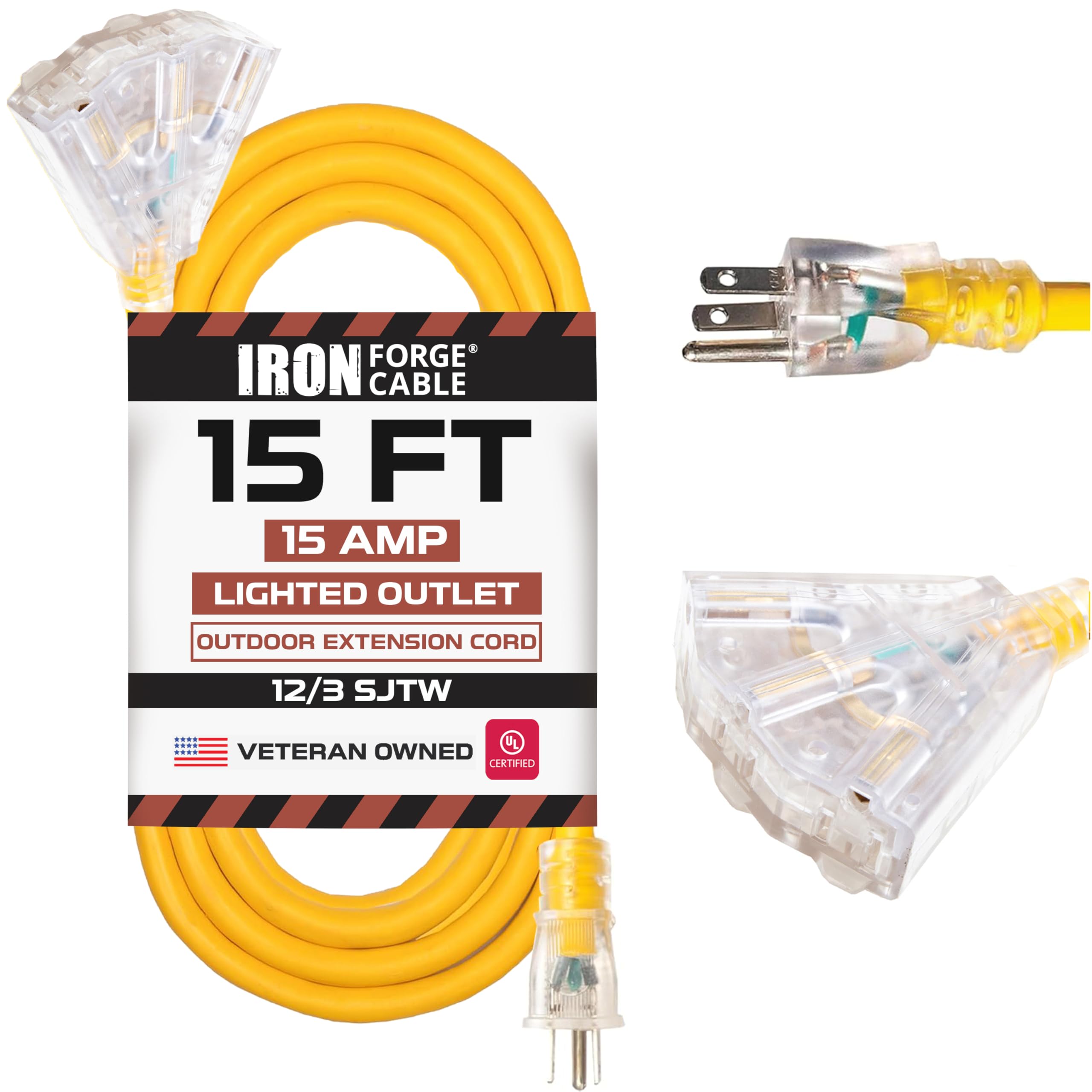 Cable de extensión exterior iluminado de 15 pies con 3 tomas de corriente eléctricas - Imagen 50 de 58