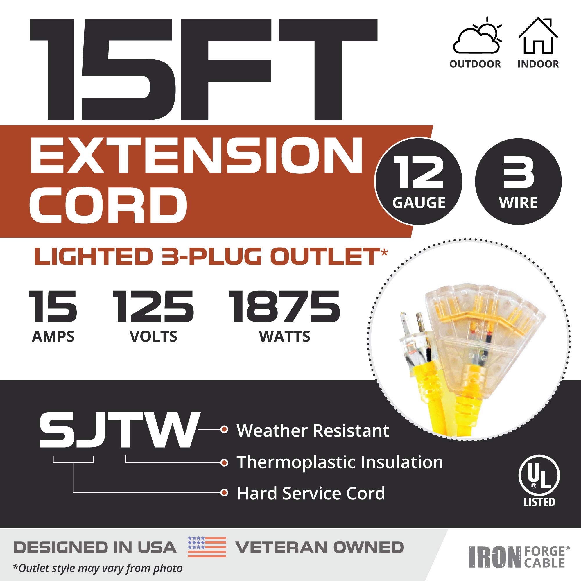 Cable de extensión exterior iluminado de 15 pies con 3 tomas de corriente eléctricas - Imagen 51 de 58