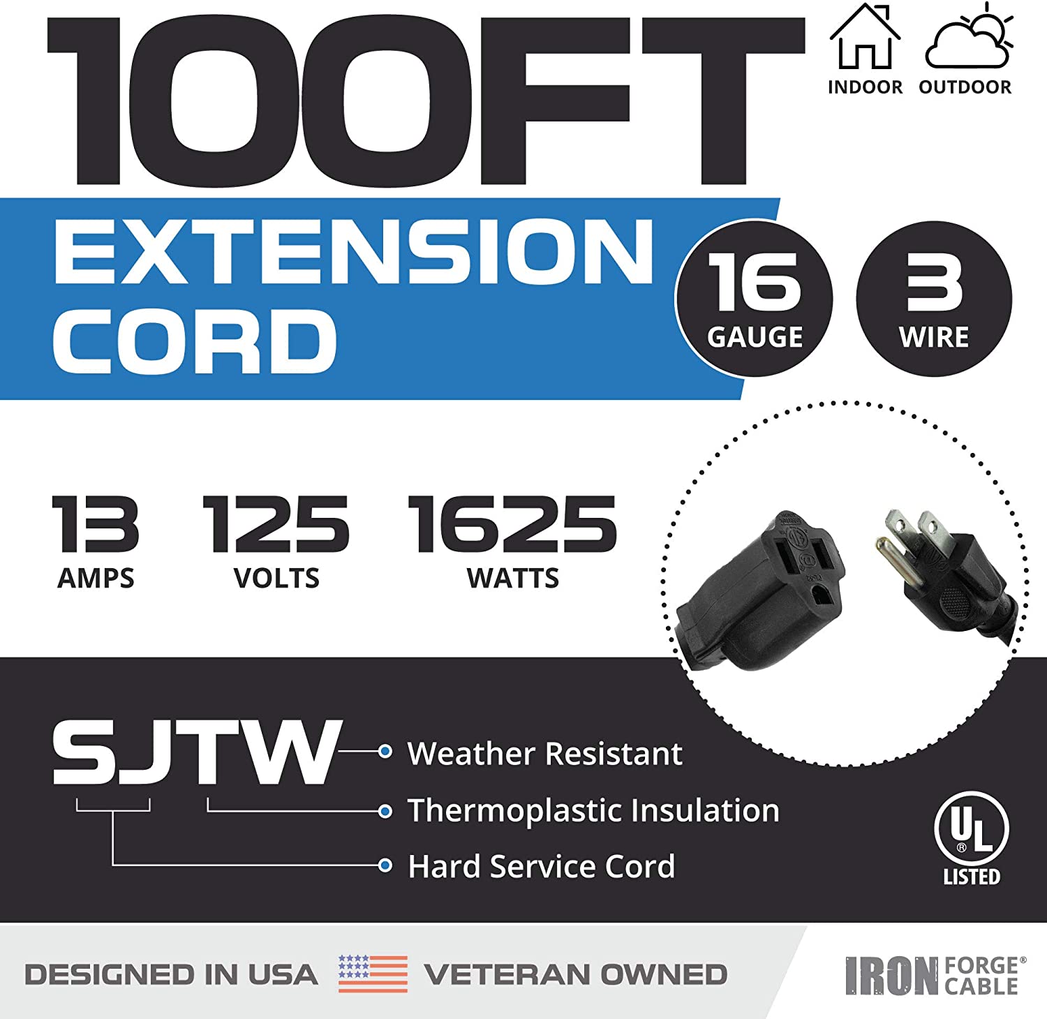 Cable de extensión para exteriores - 16/3 negro resistente 6,8,10,15,25,50,100 pies de largo - Imagen 21 de 30