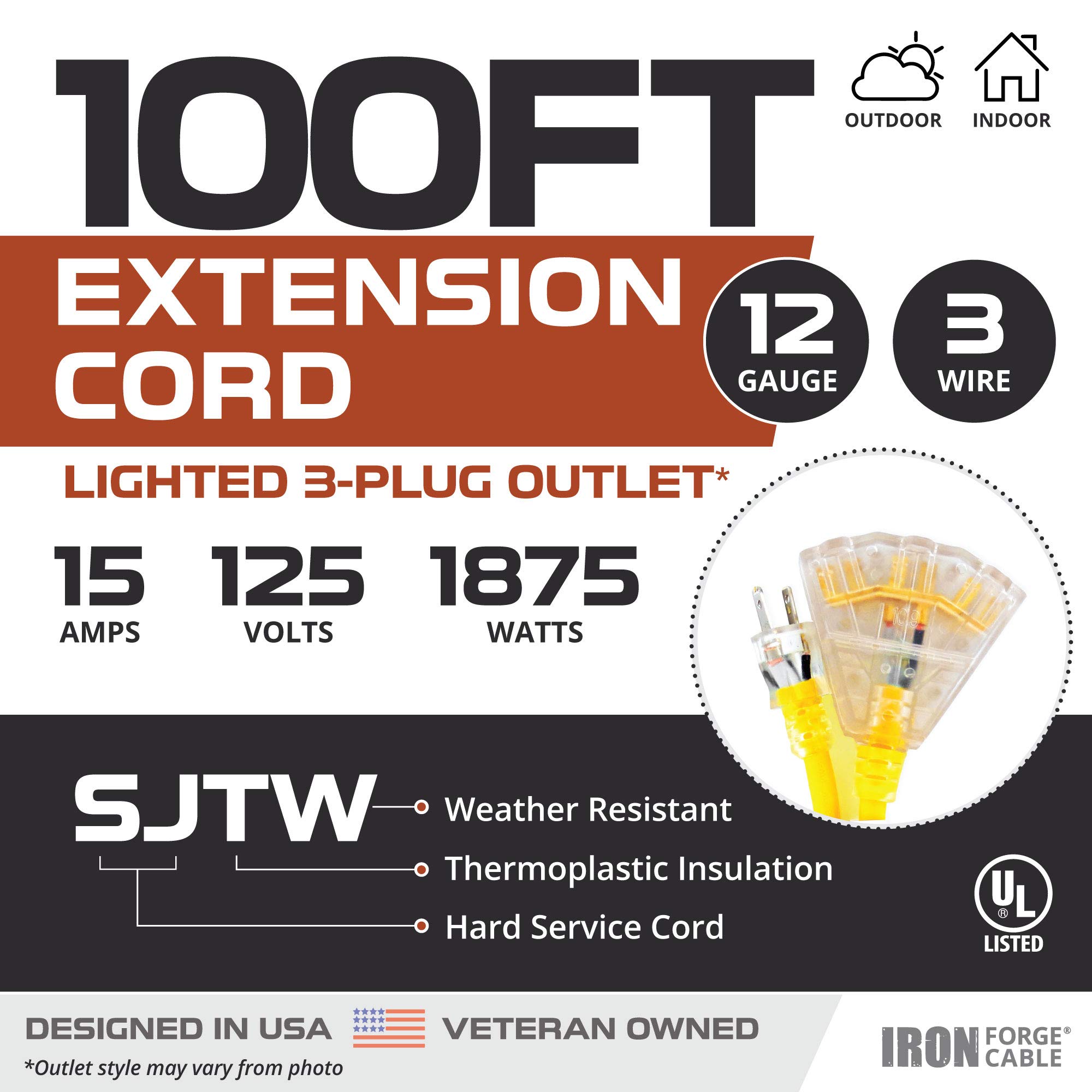 Cable de extensión exterior iluminado con 3 tomas de corriente eléctricas - 25 50 75 100 ft - Imagen 3 de 32