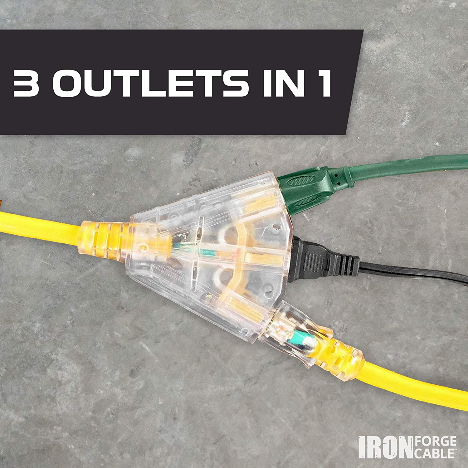 Lighted Outdoor Extension Cord with 3 Electrical Power Outlets 10/3