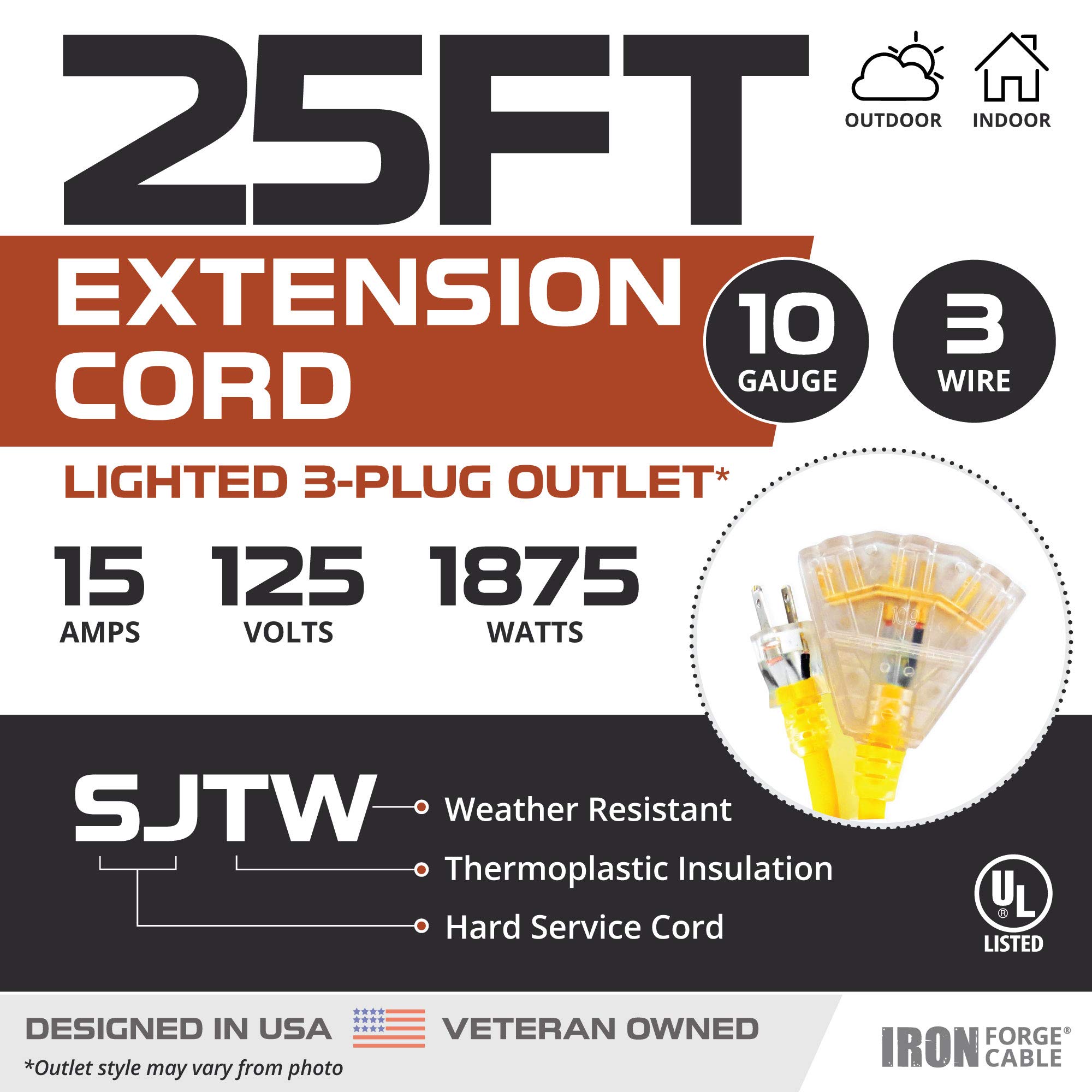 Cable de extensión exterior iluminado con 3 tomas de corriente eléctricas - 25 50 75 100 ft - Imagen 11 de 32