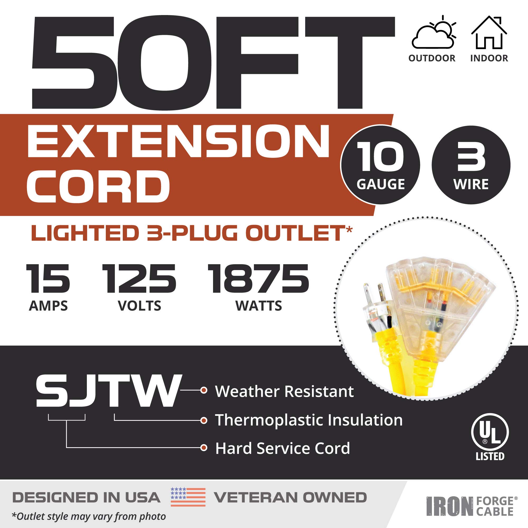 Cable de extensión exterior iluminado con 3 tomas de corriente eléctricas - 25 50 75 100 ft - Imagen 19 de 32