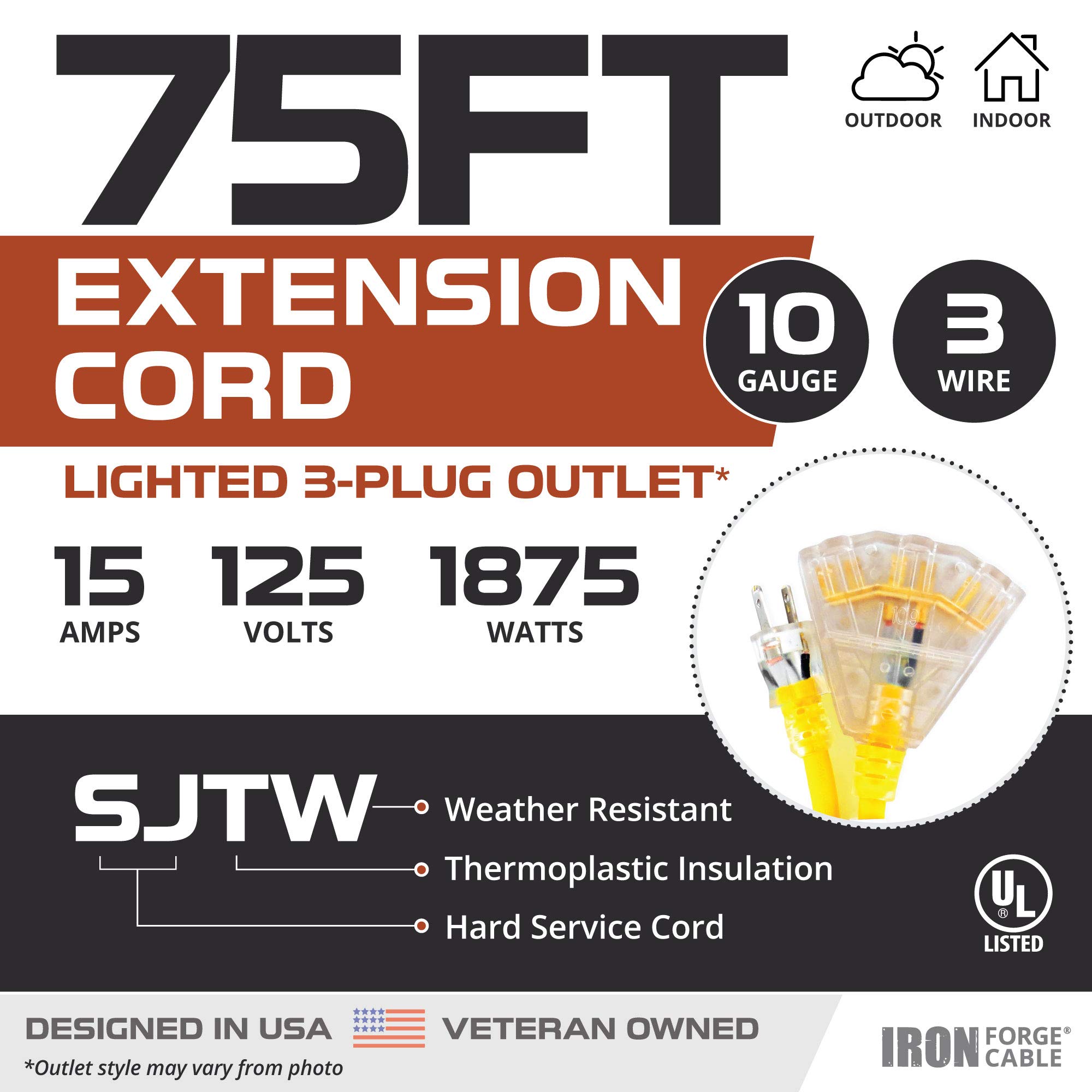 Cable de extensión exterior iluminado con 3 tomas de corriente eléctricas - 25 50 75 100 ft - Imagen 27 de 32