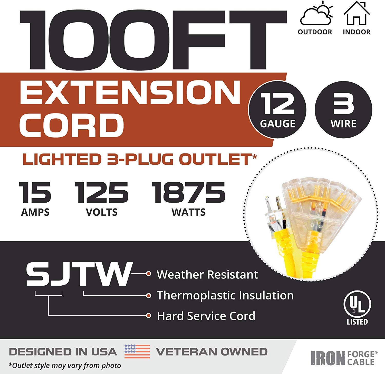 Cable de extensión exterior iluminado de 15 pies con 3 tomas de corriente eléctricas - Imagen 4 de 58