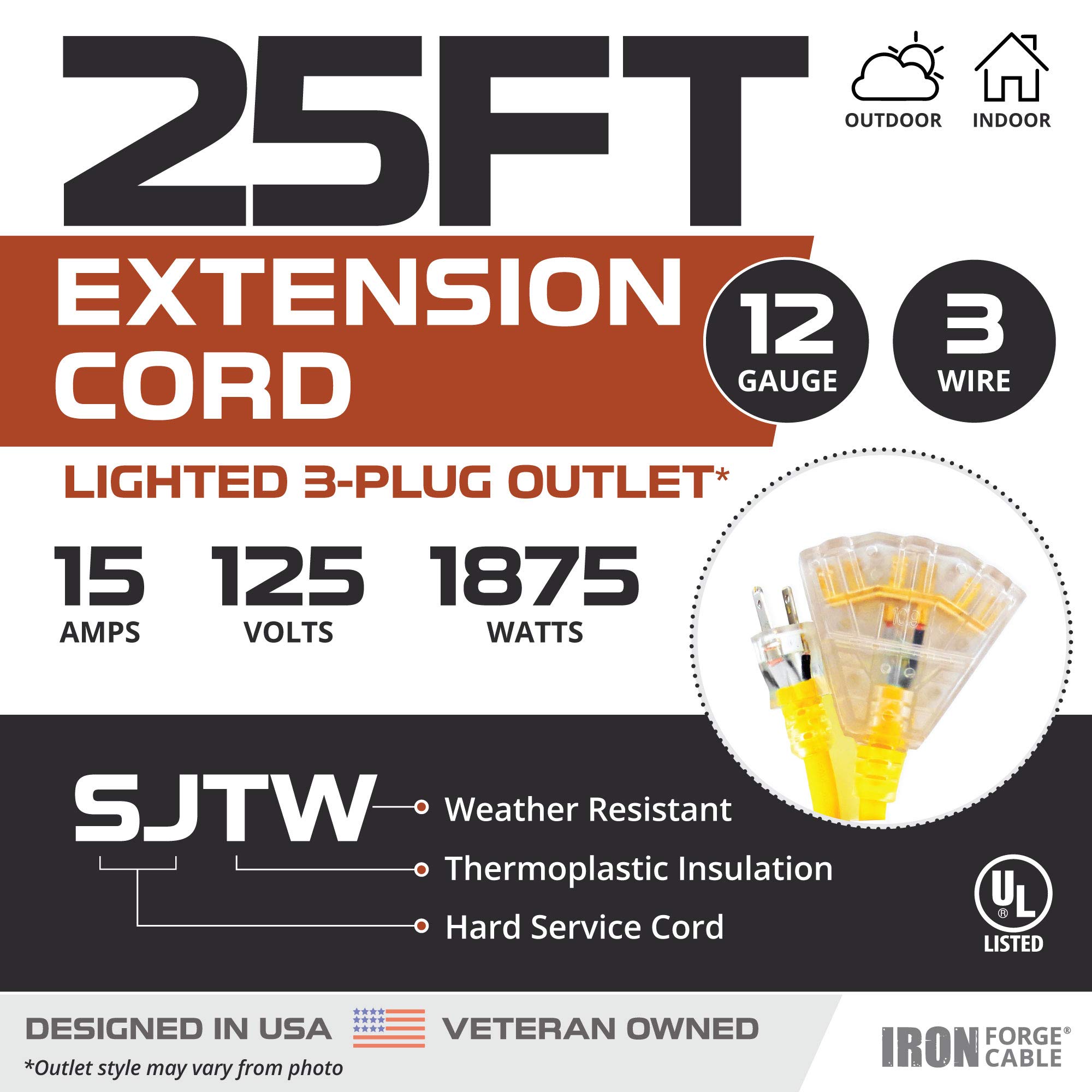 Cable de extensión exterior iluminado de 15 pies con 3 tomas de corriente eléctricas - Imagen 21 de 58