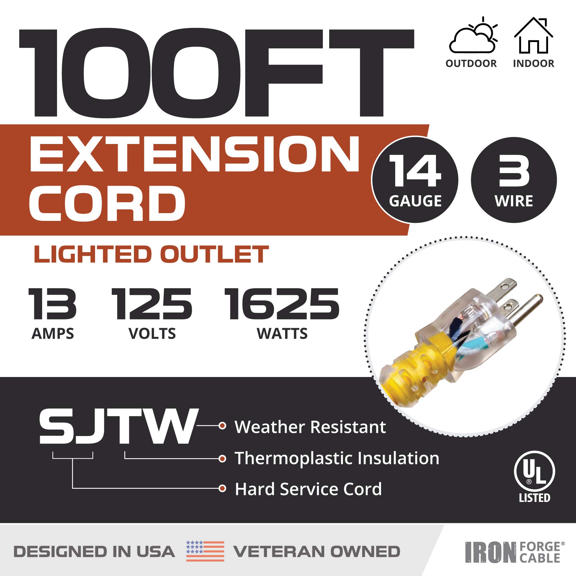 Cable de extensión exterior iluminado - 14/3 SJTW amarillo resistente 25 100 ft - Imagen 3 de 15