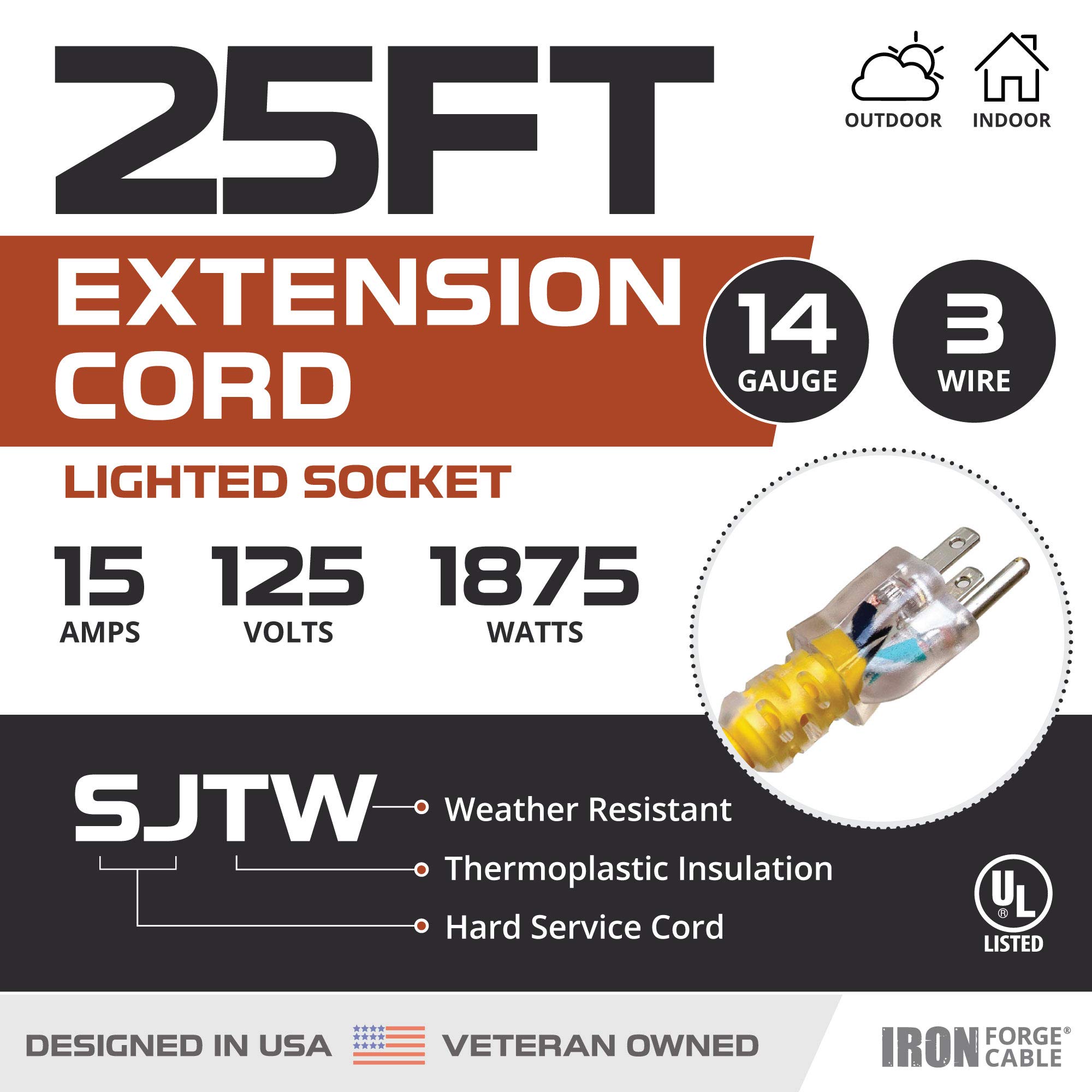 Cable de extensión exterior iluminado - 14/3 SJTW amarillo resistente 25 100 ft - Imagen 10 de 15