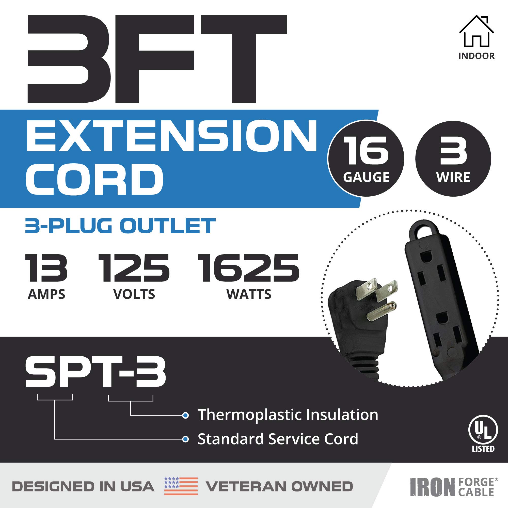 Cable de extensión con bloque de 3 salidas calibre 16 negro - 3, 6, 8, 10, 15 o 25 pies - Imagen 9 de 64