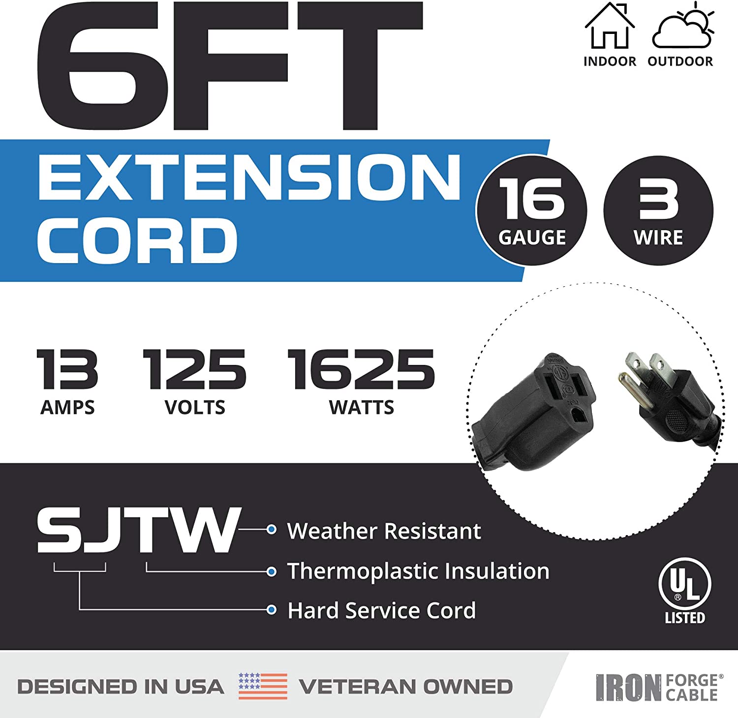 Cable de extensión para exteriores - 16/3 negro resistente 6,8,10,15,25,50,100 pies de largo - Imagen 12 de 30