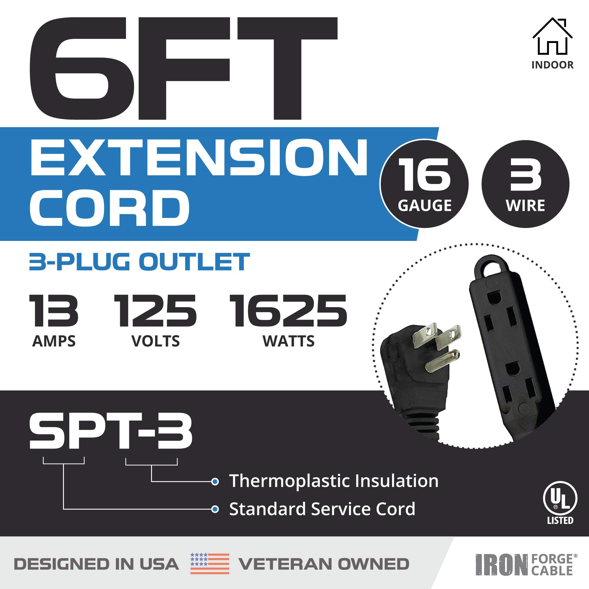 Cable de extensión con bloque de 3 salidas calibre 16 negro - 3, 6, 8, 10, 15 o 25 pies - Imagen 15 de 64