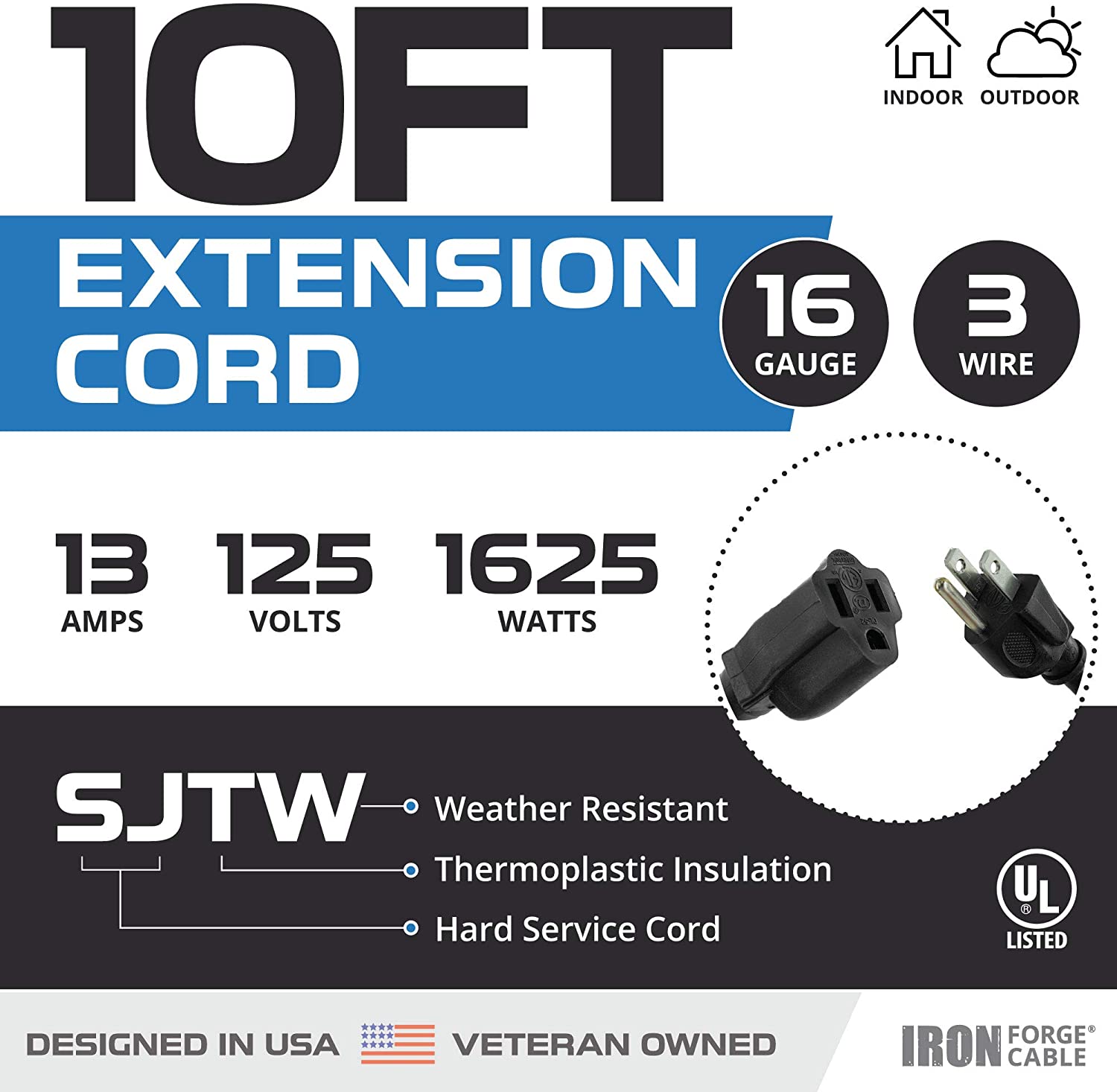 Cable de extensión para exteriores - 16/3 negro resistente 6,8,10,15,25,50,100 pies de largo - Imagen 15 de 30