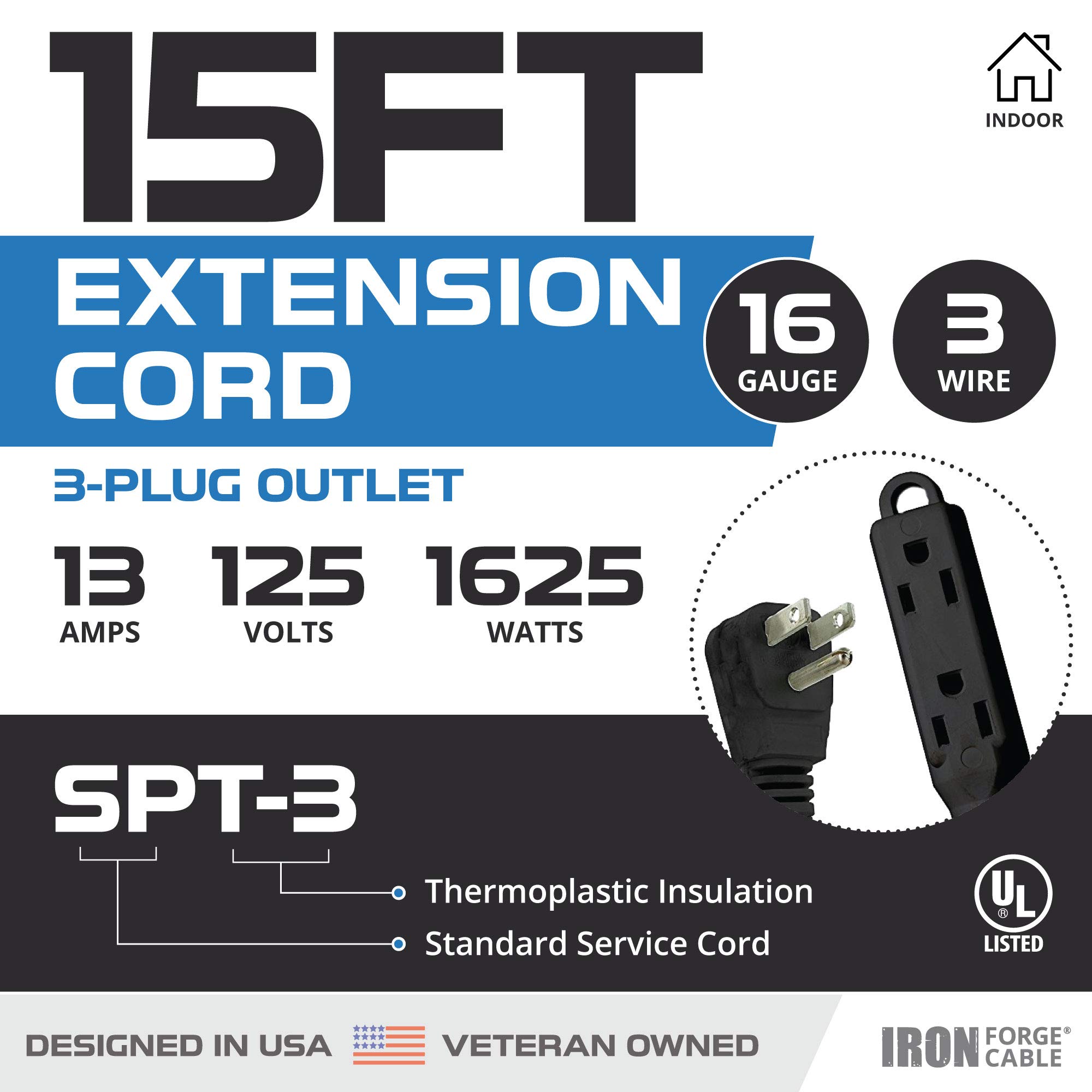 Cable de extensión con bloque de 3 salidas calibre 16 negro - 3, 6, 8, 10, 15 o 25 pies - Imagen 53 de 64