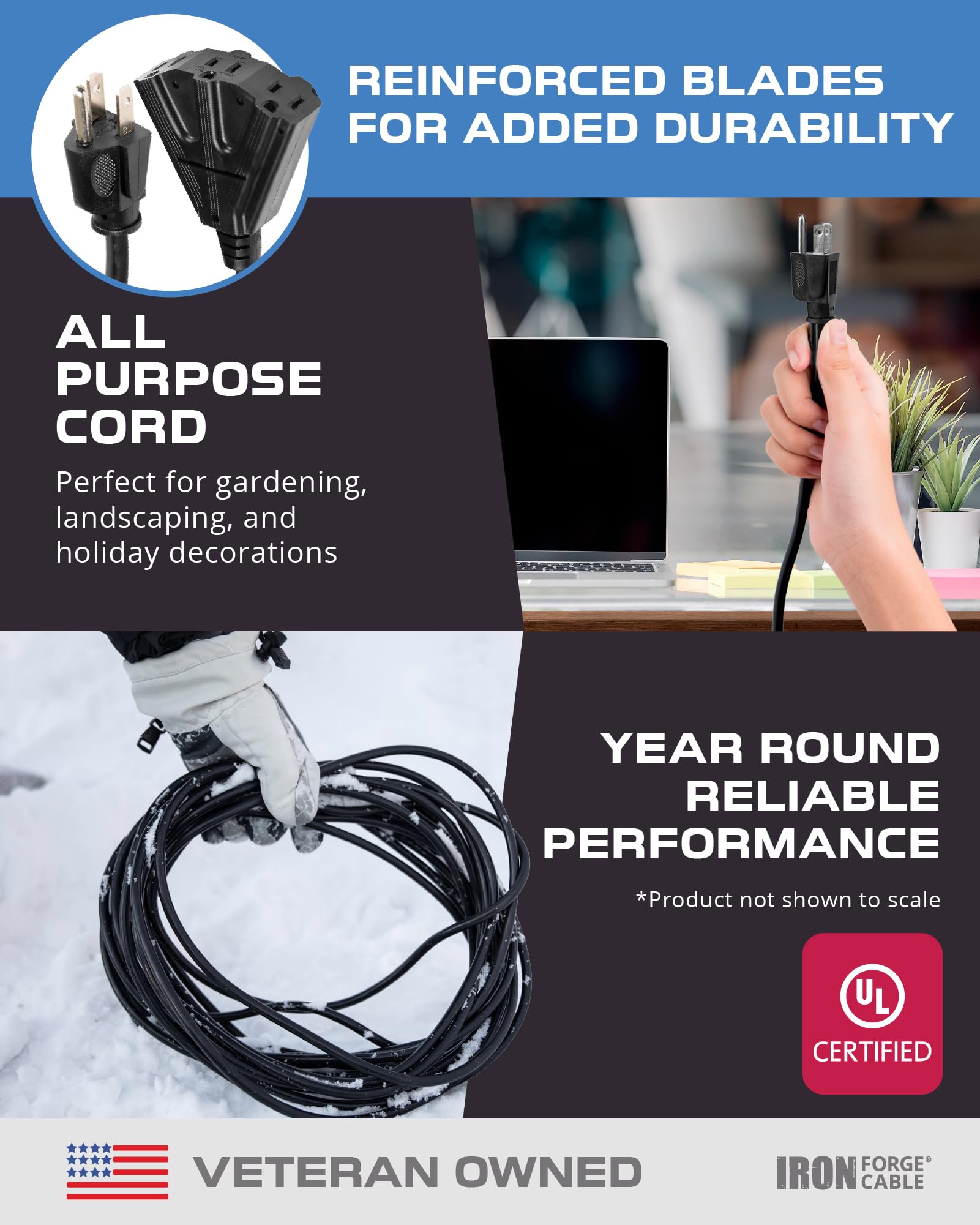 Extension Cord with 3 Electrical Power Outlets - 16/3 SJTW Durable Black Cable - Picture 7 of 17