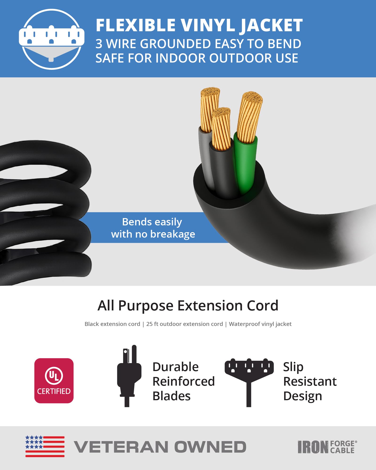 Extension Cord with 3 Electrical Power Outlets - 16/3 SJTW Durable Black Cable - Picture 8 of 17