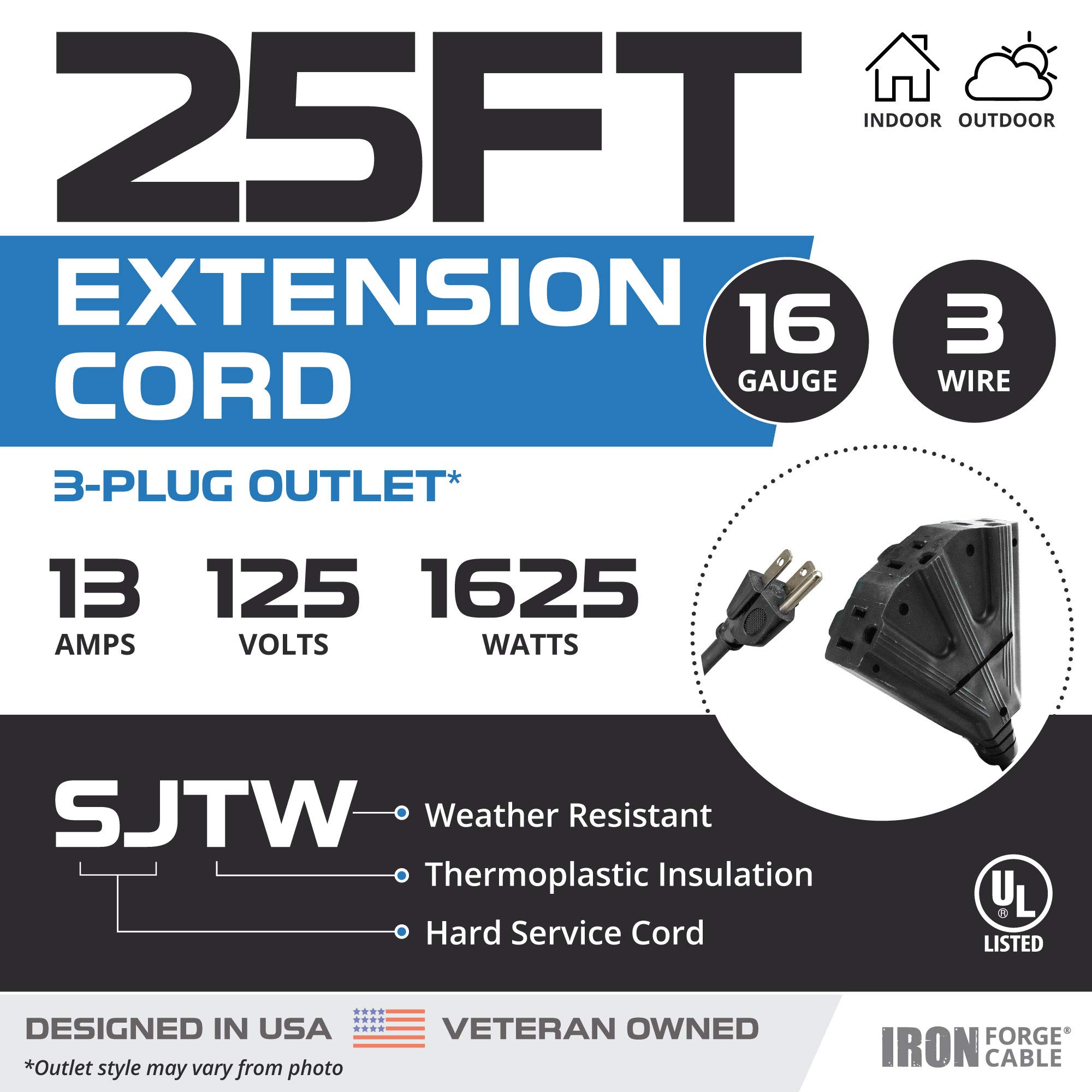 Cable de extensión con 3 tomas de corriente eléctricas - 16/3 SJTW Cable negro duradero - Imagen 3 de 10