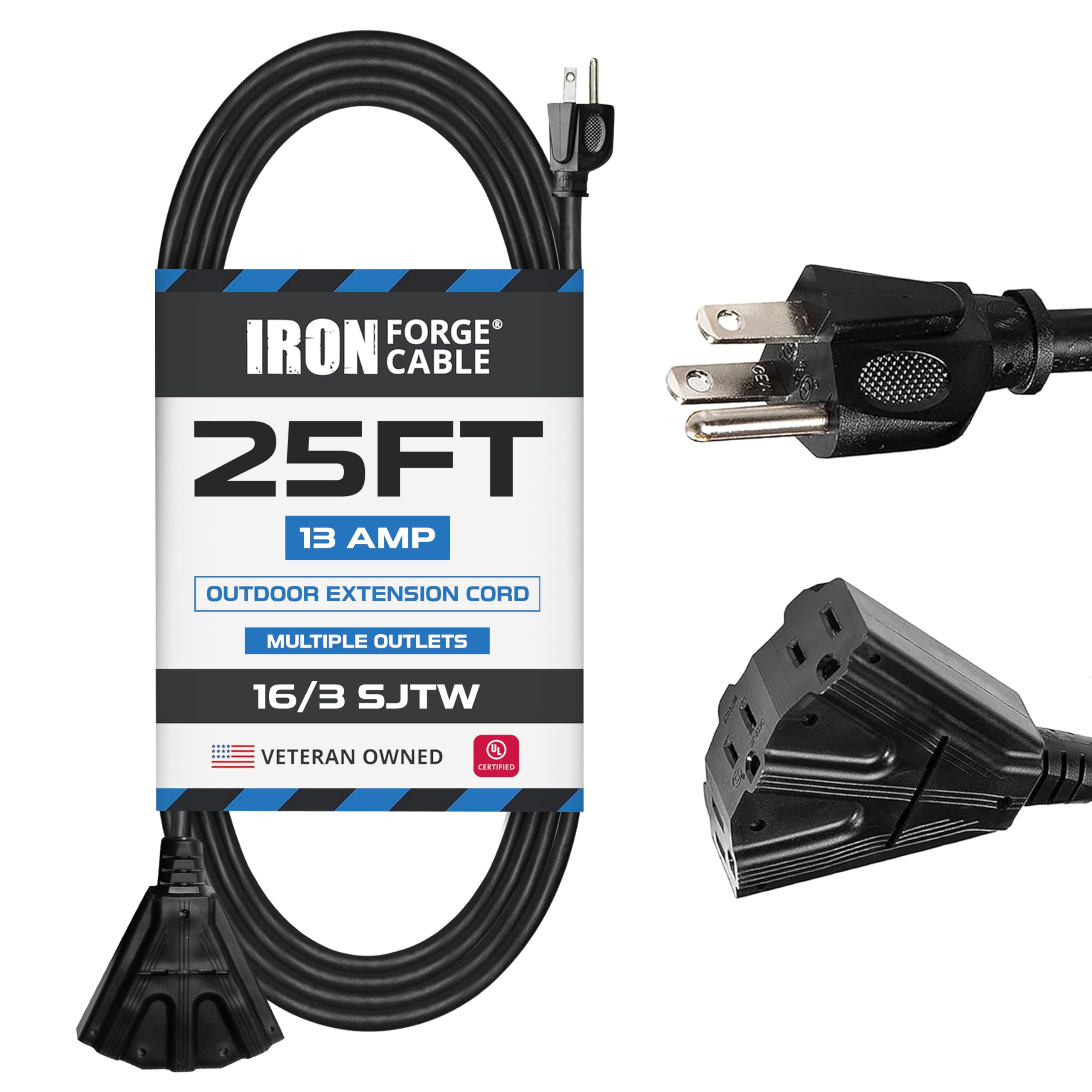 Cable de extensión con 3 tomas de corriente eléctricas - 16/3 SJTW Cable negro duradero - Imagen 2 de 10