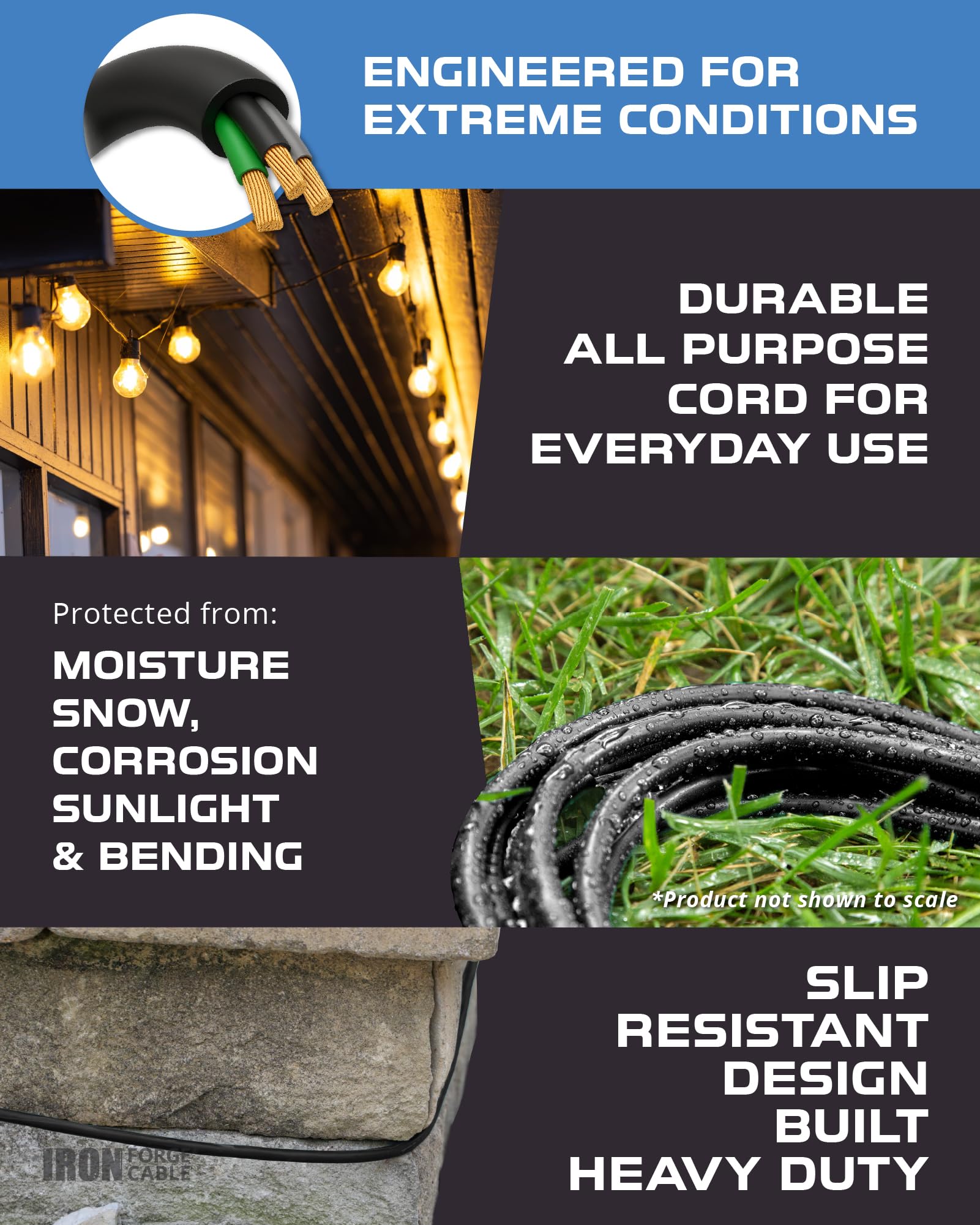 Extension Cord with 3 Electrical Power Outlets - 16/3 SJTW Durable Black Cable - Picture 5 of 17