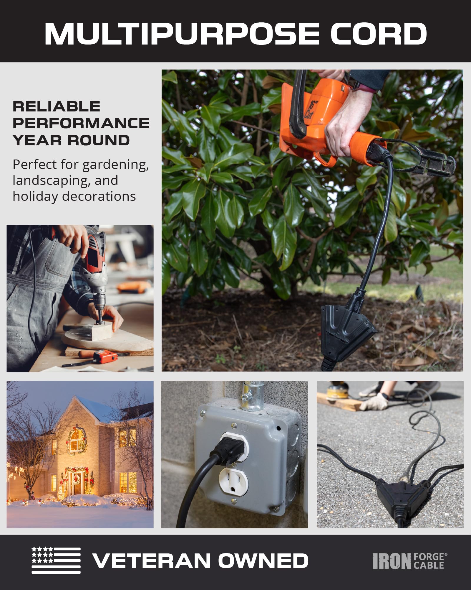 Extension Cord with 3 Electrical Power Outlets - 16/3 SJTW Durable Black Cable - Picture 9 of 17