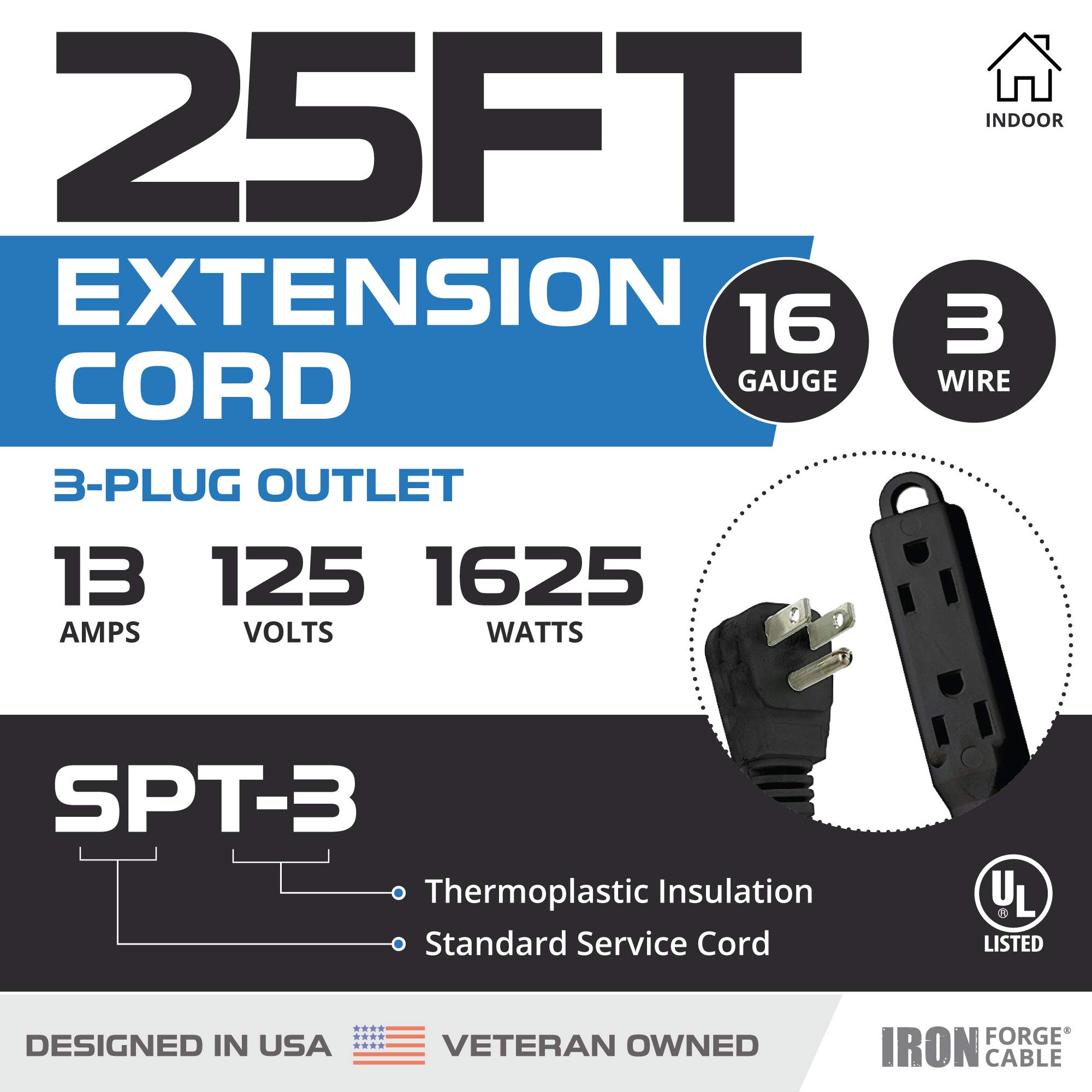 Cable de extensión con bloque de 3 salidas calibre 16 negro - 3, 6, 8, 10, 15 o 25 pies - Imagen 60 de 64