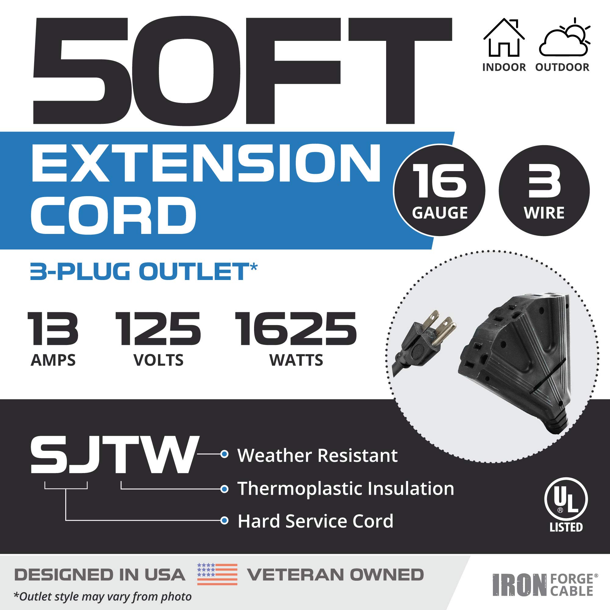 Cable de extensión con 3 tomas de corriente eléctricas - 16/3 SJTW Cable negro duradero - Imagen 11 de 17