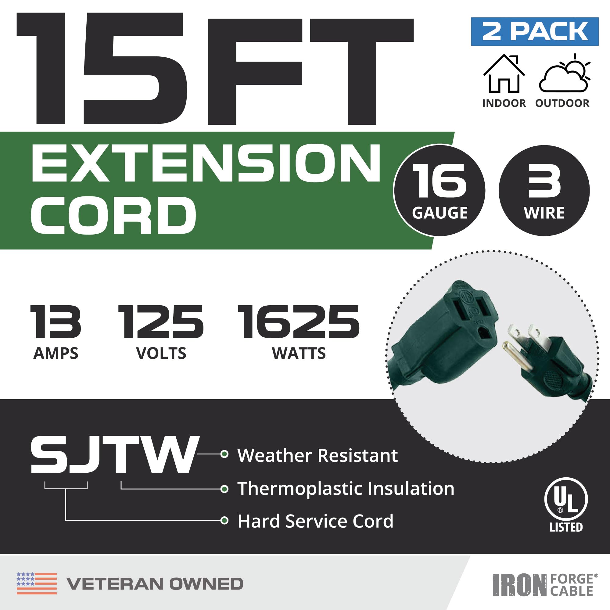 Paquete de 2 cables de extensión para exteriores - verde duradero 16/3 3 clavijas diferentes tamaños - Imagen 4 de 18