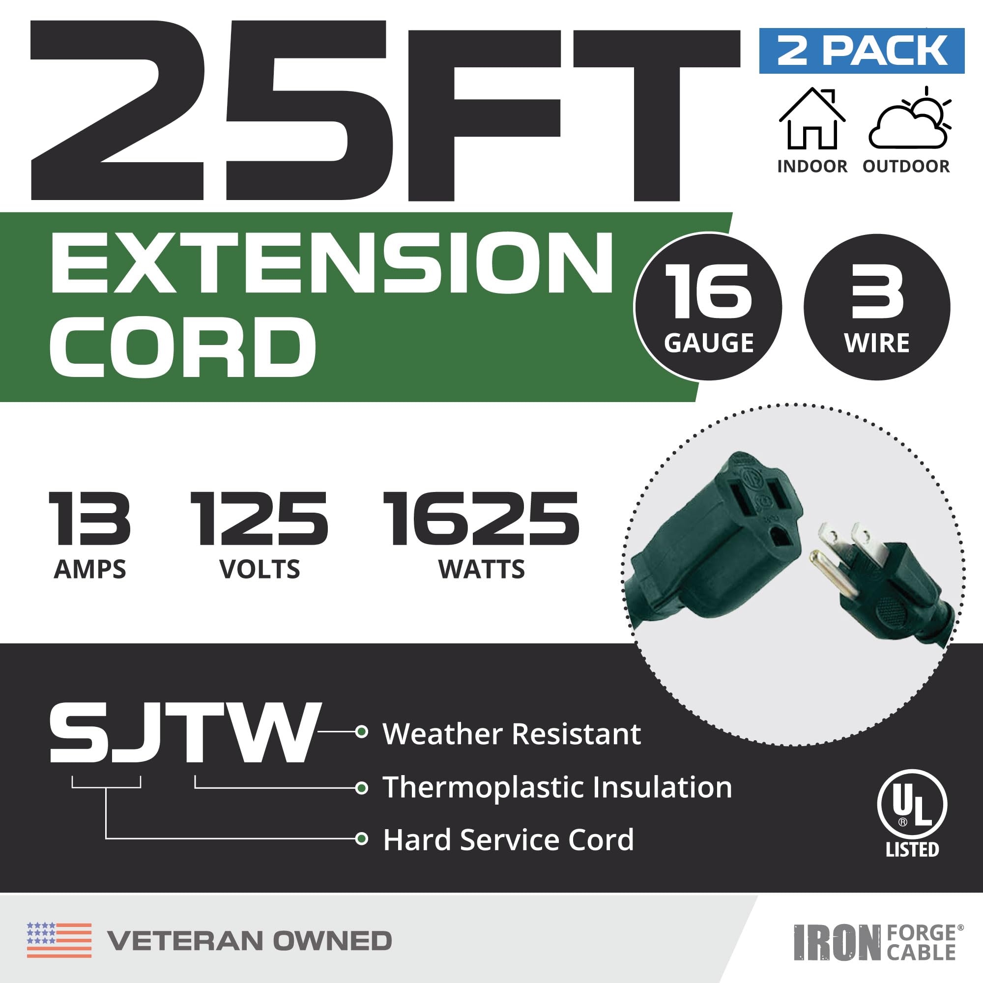 Paquete de 2 cables de extensión para exteriores - verde duradero 16/3 3 clavijas diferentes tamaños - Imagen 12 de 18