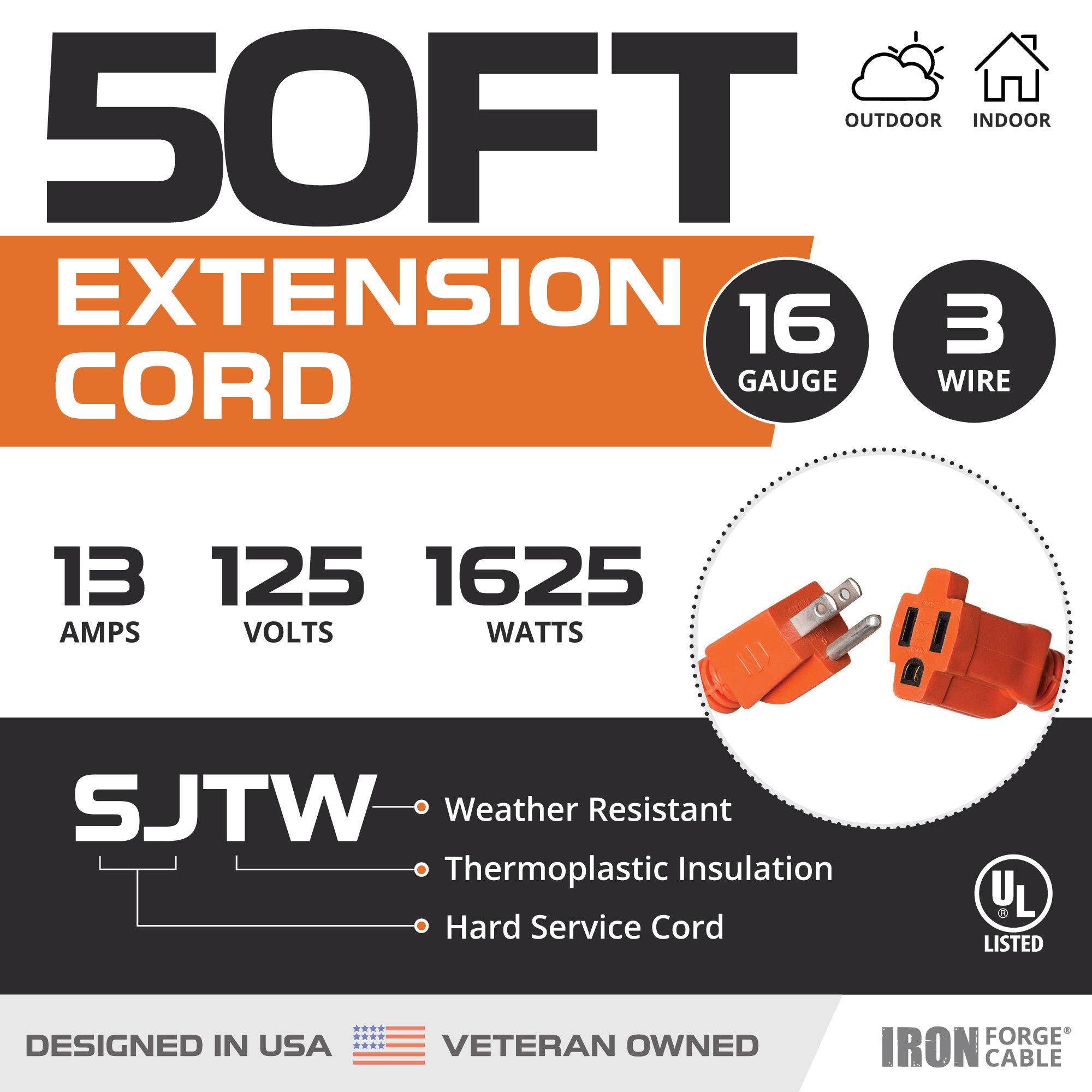 Cable de extensión exterior de alta resistencia naranja 16/3 SJTW de 100, 50 pies - Imagen 3 de 8