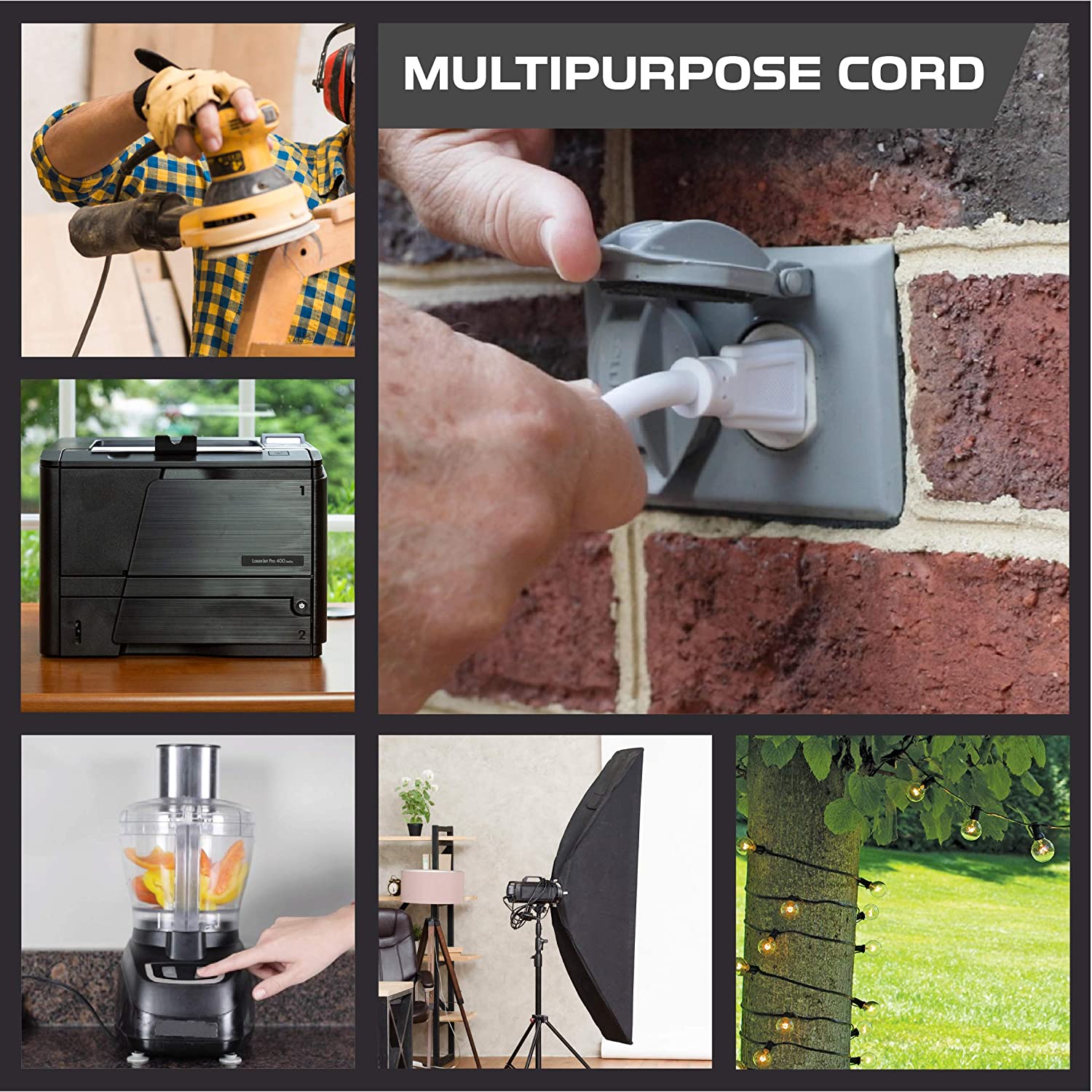 2Prong Indoor Extension Cord 3 Outlet Safety Cover 4 6 9 12 15 20 Foot