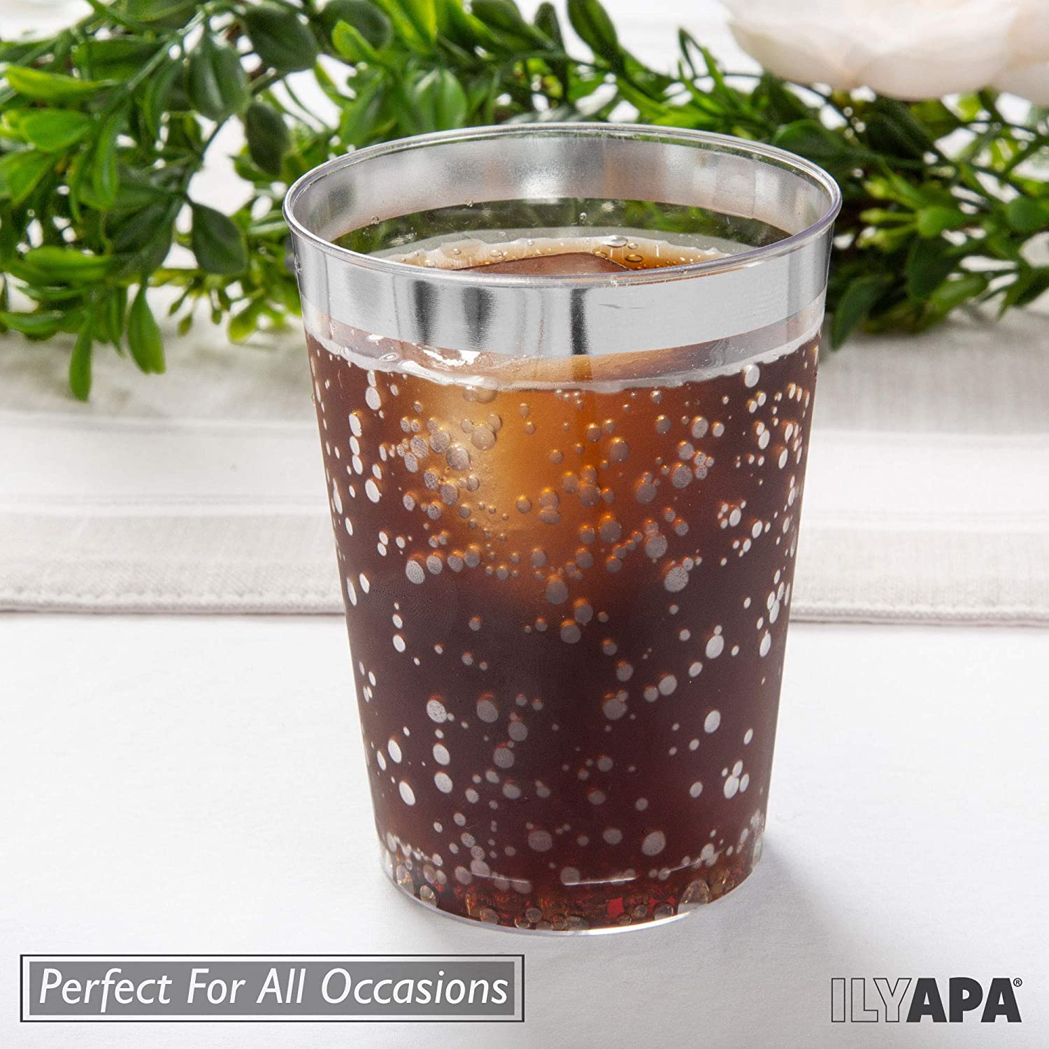 100 Silver Rim Plastic Cups, 12 oz Clear with Silver Rimmed