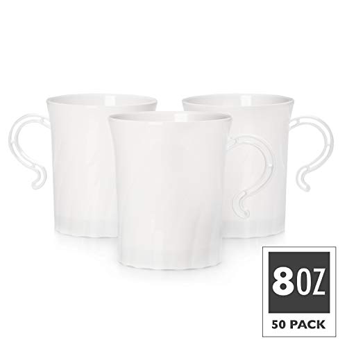 50 Plastic Coffee Cups with Handles, White 8 oz Disposable or