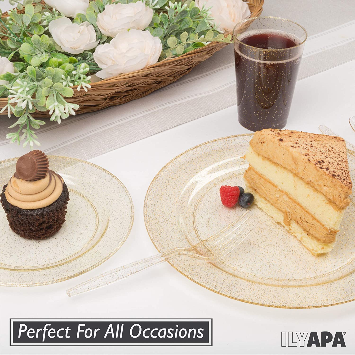 100 Gold Glitter Plastic Plates for Dinner Party or Wedding