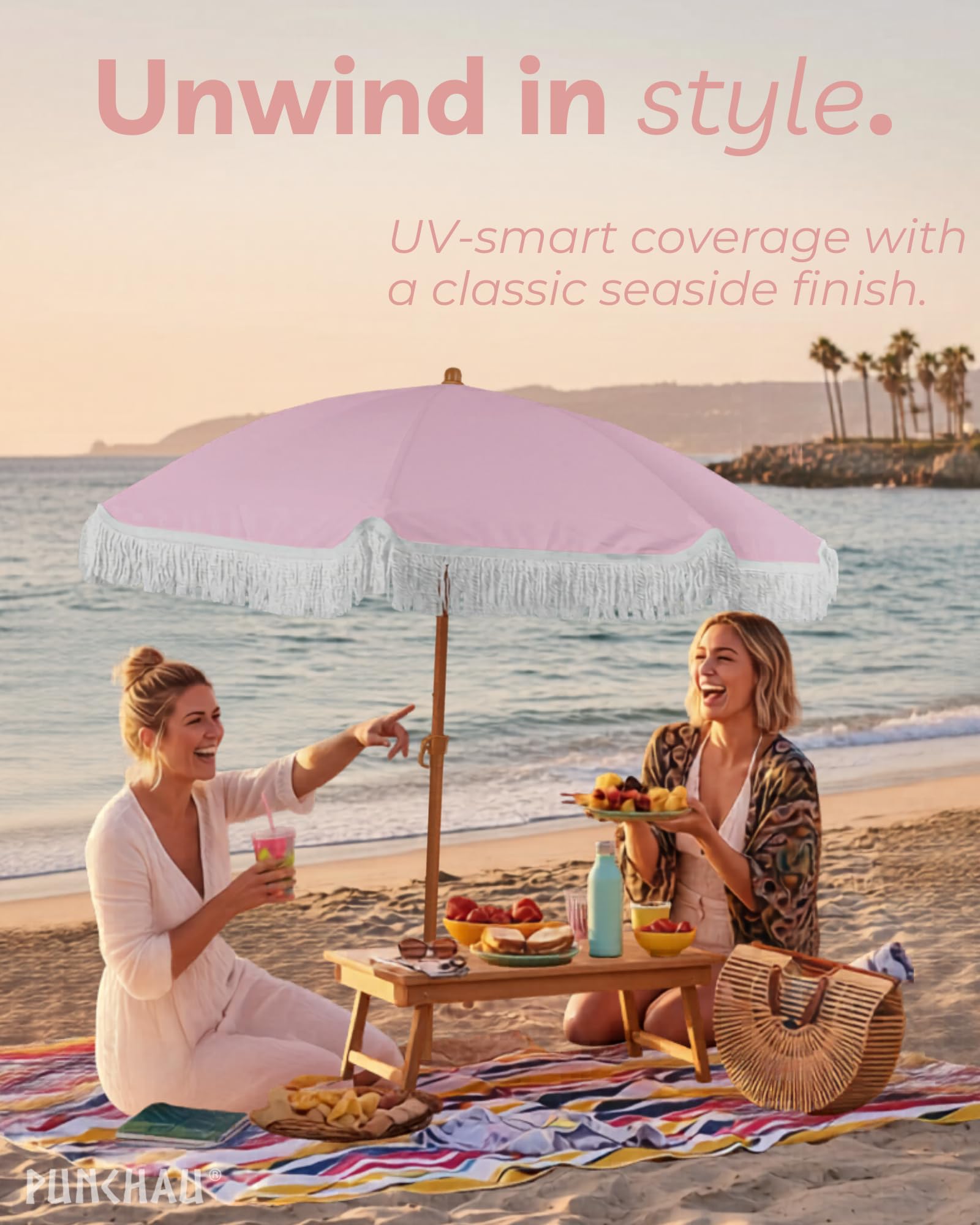boho patio umbrella Elyrthriumc White Outdoor with Fringe 6.5ft Beach Umbrella for Travel Tilt Umbrella Portable Sunshade Umbrellas UPF50+ Holiday Umbrella Beach Parasol for Garden Lawn Yard Pool : Patio woven macrame canopy 6 Ft Pink Fringe Patio