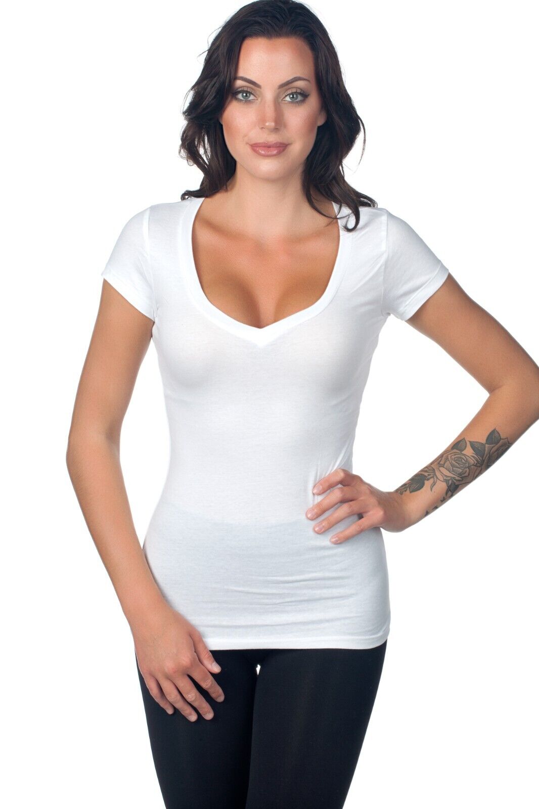 Color Story Women's Basic V-Neck Fitted Capsleeve T-Shirt