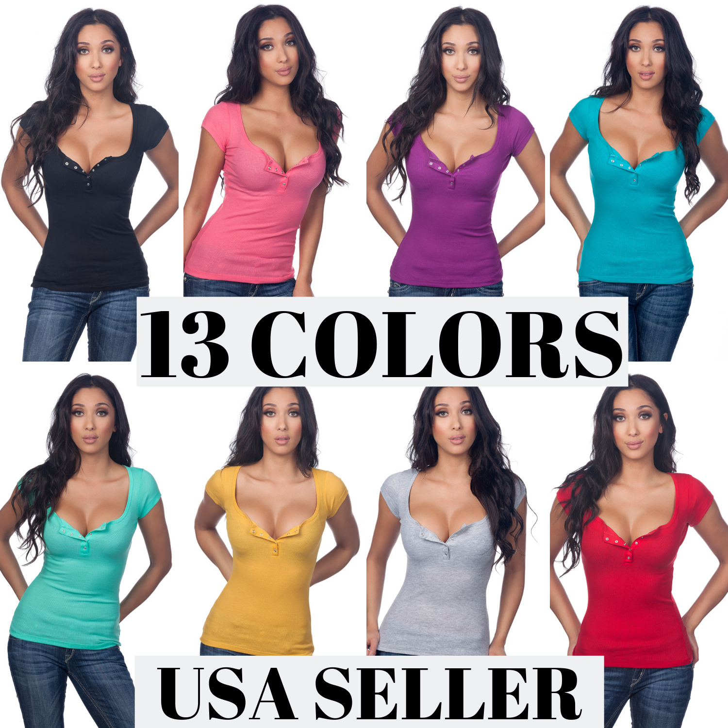 Color Story Junior Sexy Casual Cleavage Ribbed Henley Rhinestone Capsleeve Top